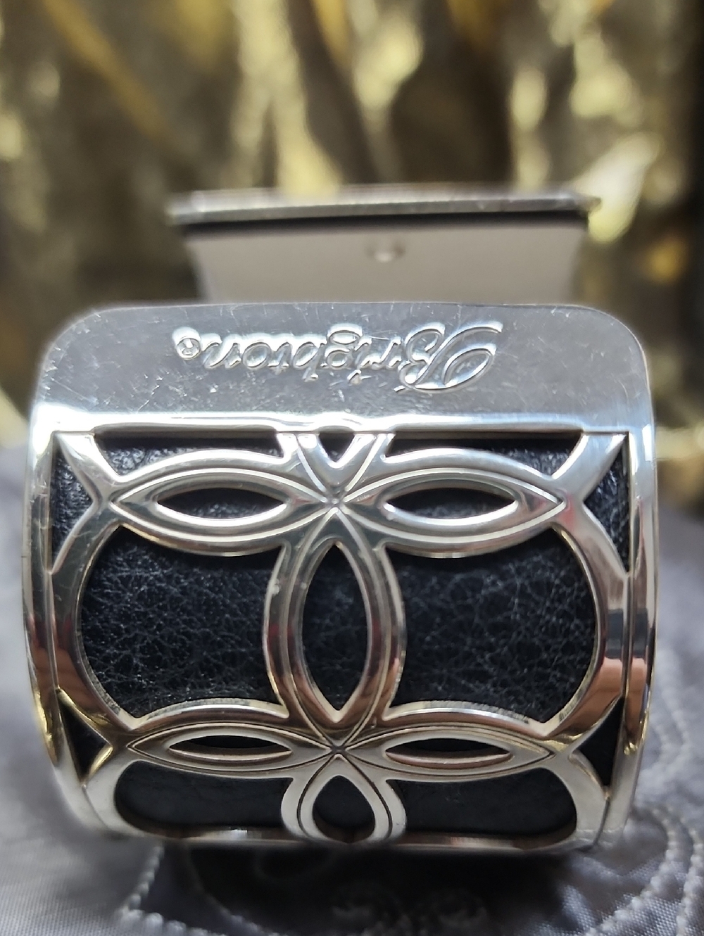 Brighton Silver-Tone Black Leather Floral Cuff Bracelet With Gray Brighton Bag - Picture 9 of 11